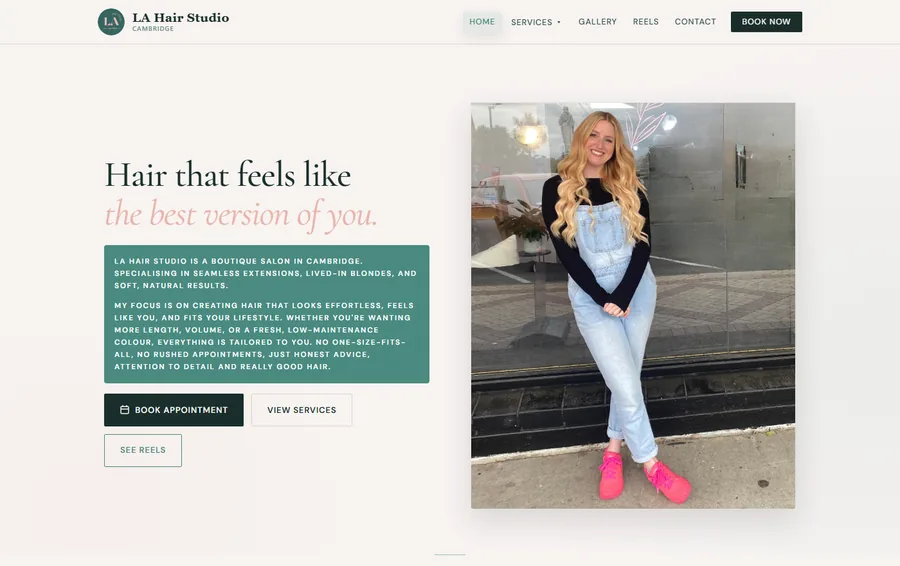 The LA Hair Studio home page: a portrait of the owner beside the headline and a Book Appointment button